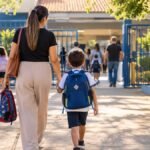 Mãe levando o filho para a escola pública perto de casa
