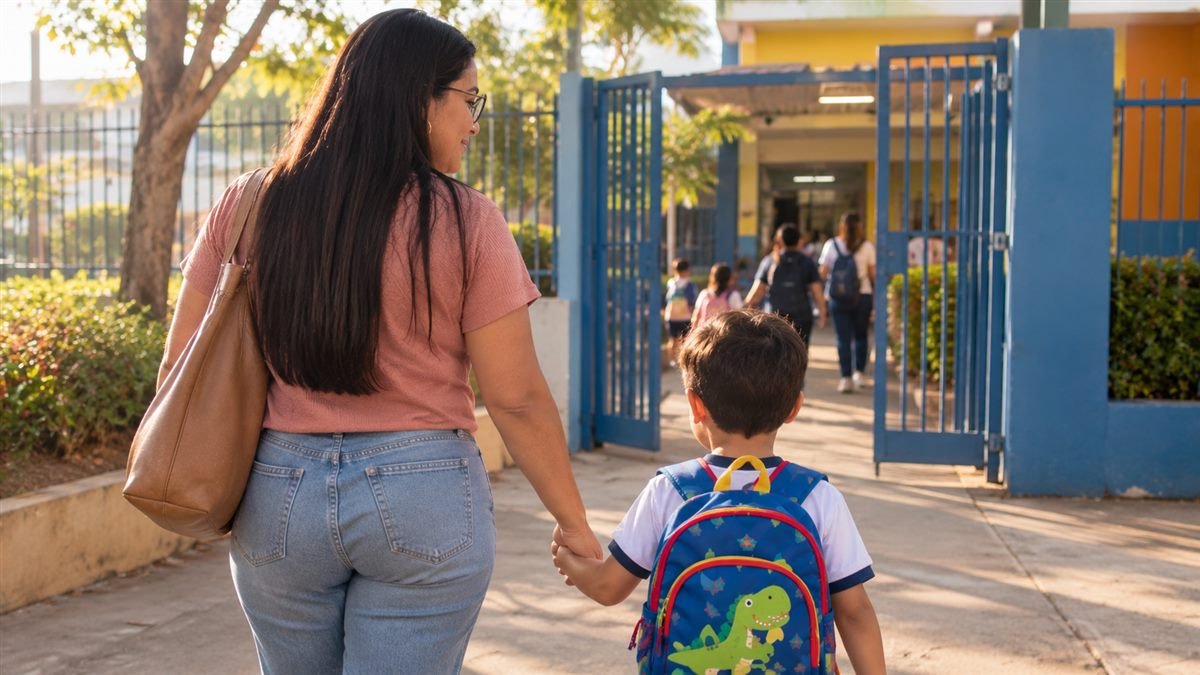Mãe levando o filho de mãos dadas até o portão da escola